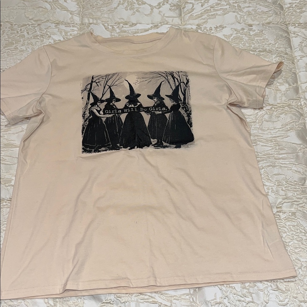 Beige Graphic Tee with Witch Design